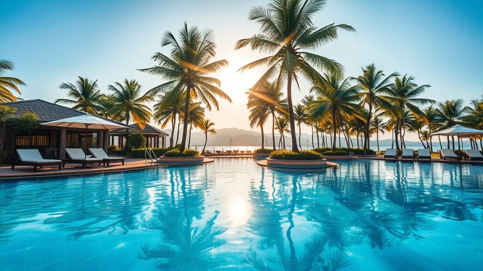 Piscina cristalina de uma pousada em Genipabu com coqueiros, espreguiçadeiras e sol forte de verão ao fundo