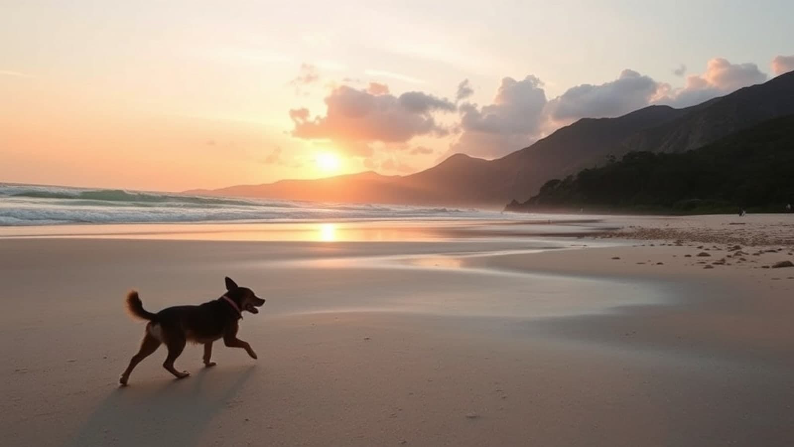 Uma praia em Ubatuba com um cachorro correndo ao fundo