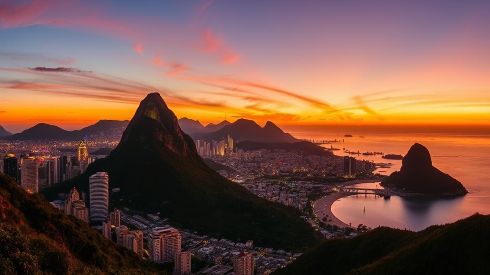 Uma imagem vibrante e panorâmica do Rio de Janeiro ao pôr do sol, mostrando o Pão de Açúcar, o Corcovado com o Cristo Redentor iluminado, a Baía de Guanabara e as praias de Copacabana e Ipanema. As cores devem ser quentes e convidativas, com um toque de magia e aventura. A cidade deve parecer movimentada, mas em perfeita harmonia com a natureza exuberante ao redor.