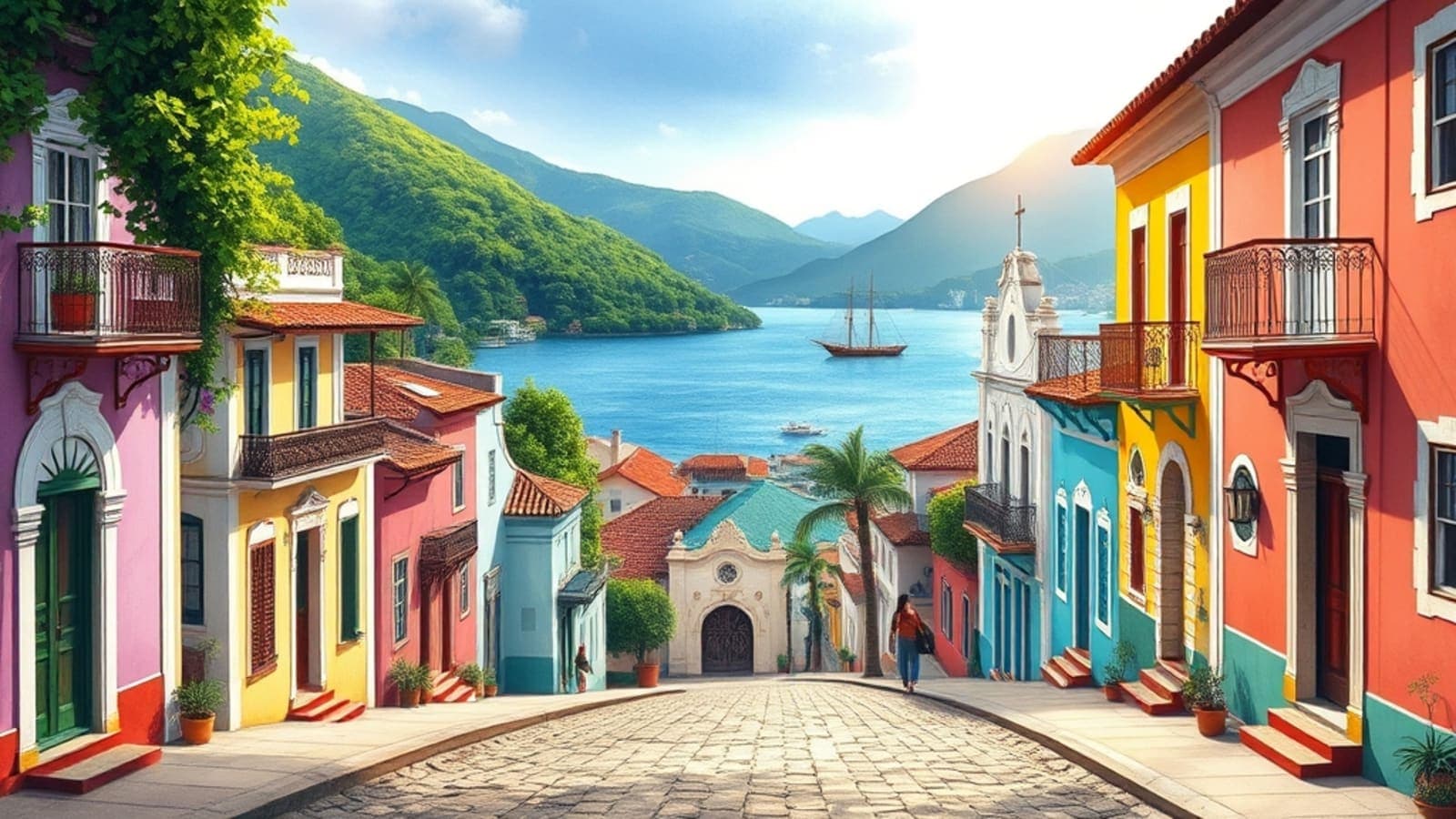 Ilustração idílica e vibrante de Paraty com ruas de paralelepípedos, casas coloniais coloridas, igrejas históricas e o mar azul com barcos, emoldurado por montanhas da Mata Atlântica sob um sol dourado.