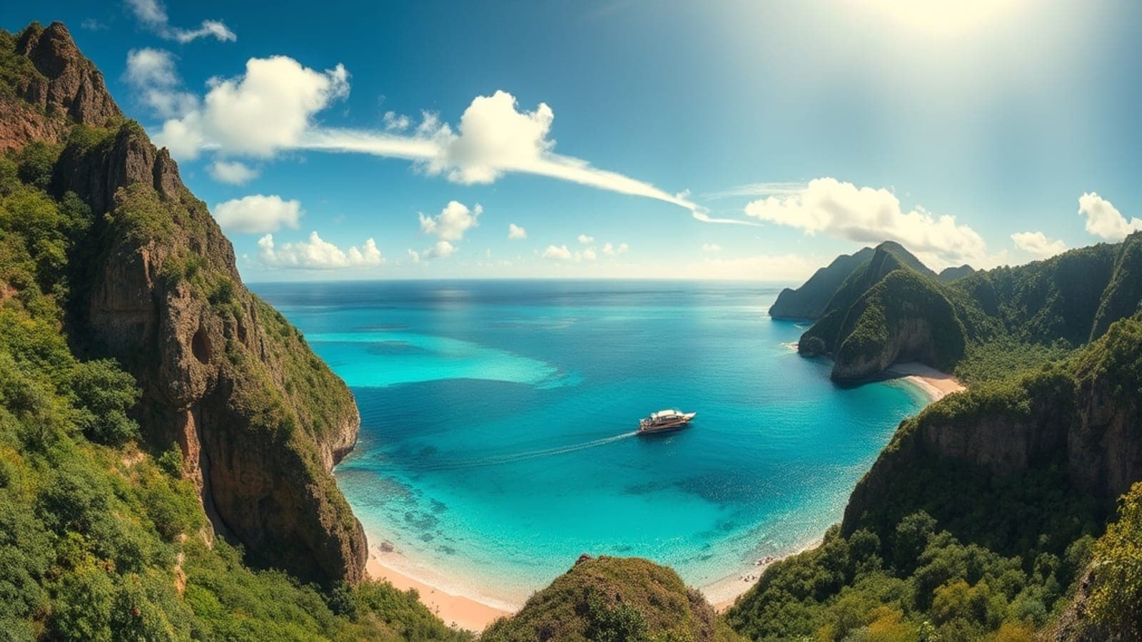 Vista aérea paradisíaca de Fernando de Noronha com a Baía do Sancho, águas cristalinas azul-turquesa e falésias verdes, um barco navegando calmamente e o pôr do sol dourado ao fundo.