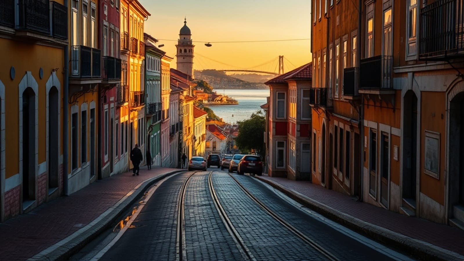 Vista panorâmica de Lisboa ao pôr do sol, com o Castelo de São Jorge em destaque, telhados laranjas e o rio Tejo ao fundo. A cidade está iluminada com tons quentes.