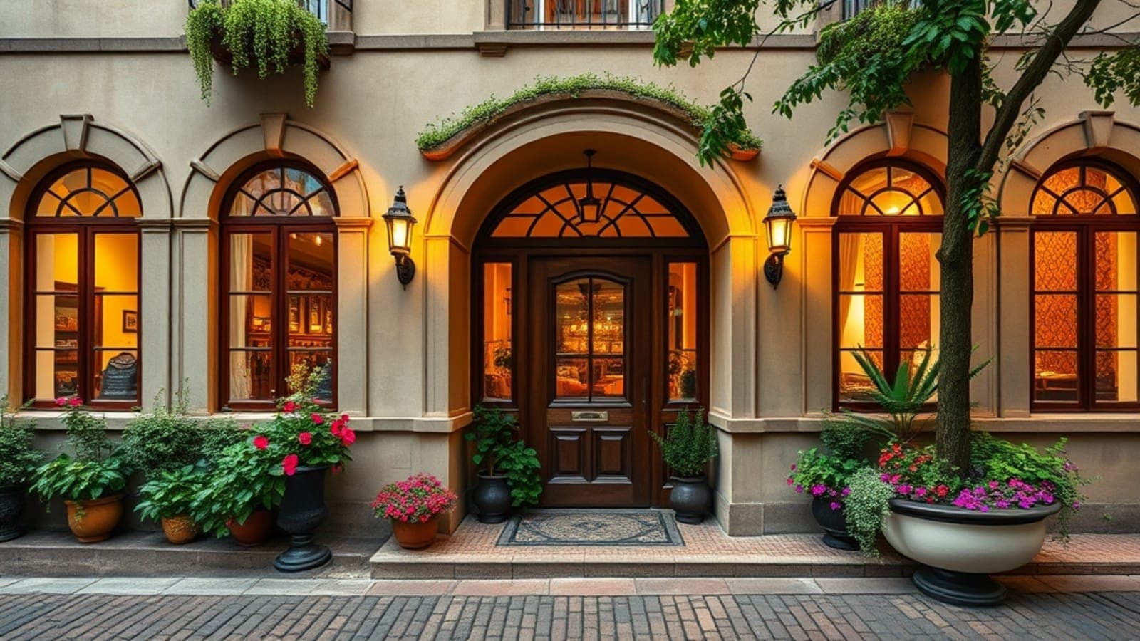 Fachada elegante de uma pousada boutique em Gramado com arquitetura de estilo europeu, detalhes em madeira, jardins bem cuidados e iluminação aconchegante ao anoitecer, refletindo exclusividade e conforto.