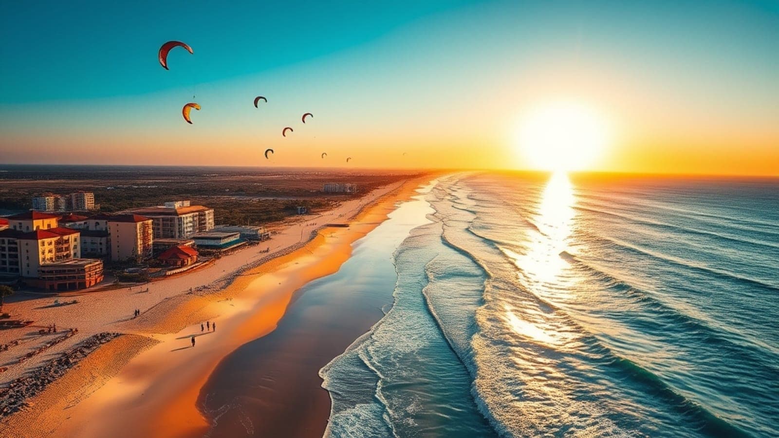 Uma imagem aérea vibrante de Jericoacoara ao pôr do sol, com a praia dourada em primeiro plano e o mar azul-turquesa ao fundo. Alguns kitesurfistas coloridos podem ser vistos à distância. O foco deve estar em um trecho da praia com coqueiros e a silhueta de hotéis charmosos e elegantes, alguns com piscinas iluminadas, sugerindo luxo e conforto à beira-mar. A luz quente do pôr do sol deve criar um ambiente mágico e convidativo.