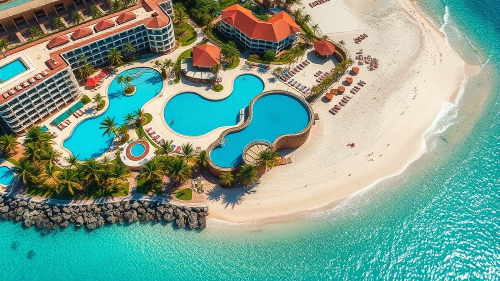 Casal relaxando em espreguiçadeiras à beira de uma piscina azul turquesa de um resort all-inclusive em Porto de Galinhas, com coqueiros e o mar ao fundo, em um dia ensolarado.
