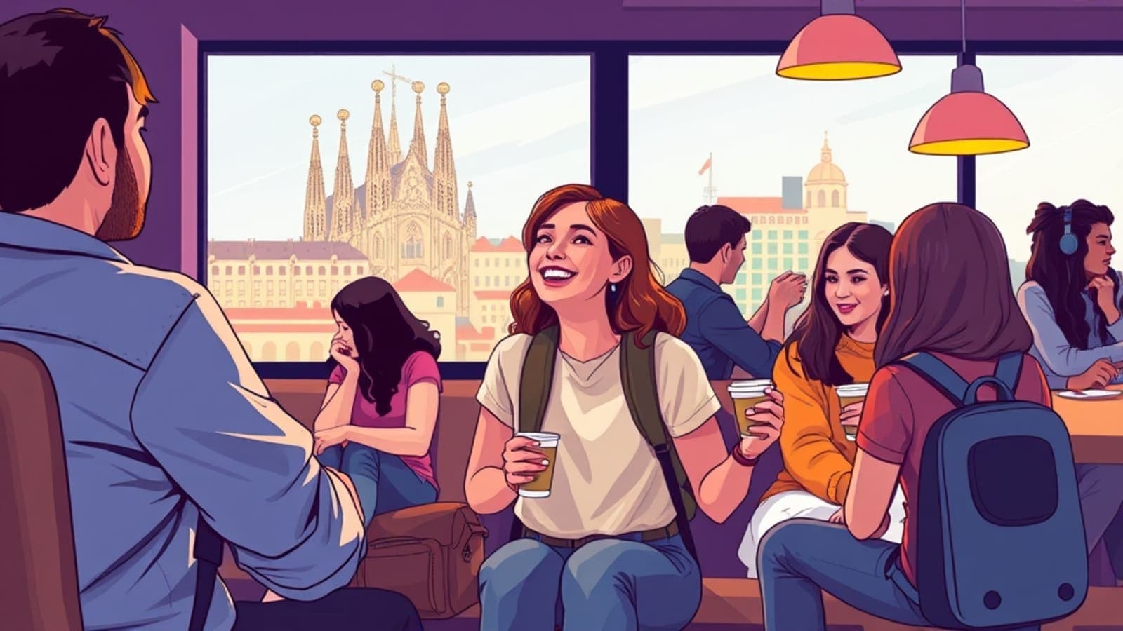 Viajante solo sorrindo em um lounge moderno de hostel em Barcelona, com outros viajantes ao fundo.