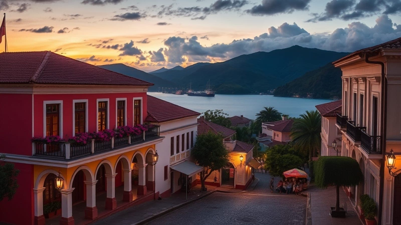 Vista aérea do centro histórico de Paraty ao pôr do sol, com telhados coloniais e uma pousada charmosa em destaque, cercada por natureza exuberante e montanhas ao fundo.