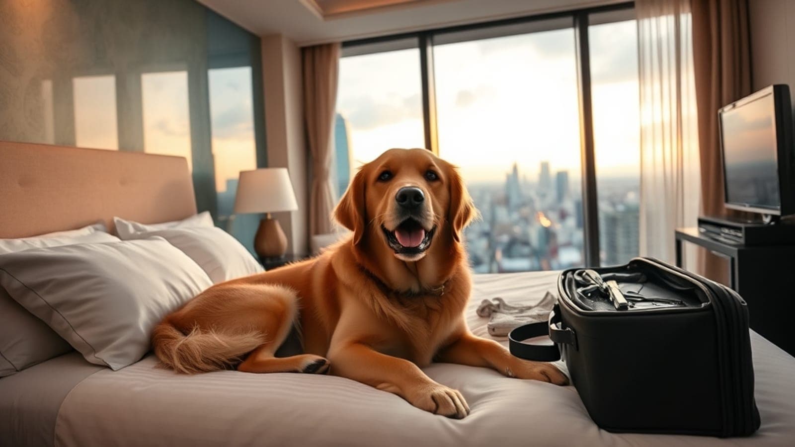 Cachorro feliz sentado em uma cama de hotel confortável ao lado de uma mala, com vista para a cidade de São Paulo ao fundo. A luz é suave e acolhedora, transmitindo uma sensação de bem-estar e viagem pet-friendly.