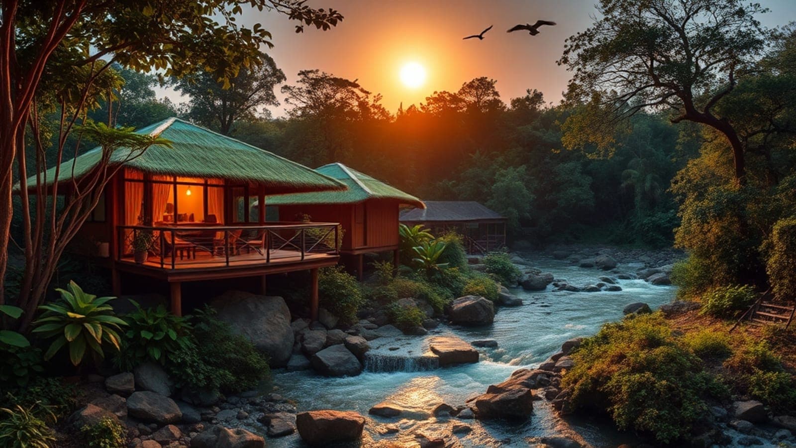 Pousada ecológica em Bonito, Mato Grosso do Sul, com arquitetura integrada à natureza exuberante, rio cristalino e pássaros voando ao pôr do sol, transmitindo paz e sustentabilidade.