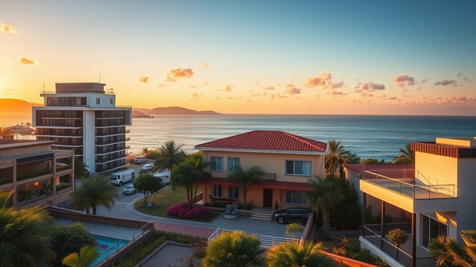 Vista panorâmica de Florianópolis ao pôr do sol, com praias e a cidade iluminada. Em primeiro plano, elementos que representam hotel (prédio moderno), pousada (casa charmosa com jardim) e Airbnb (apartamento com varanda), todos harmoniosamente integrados na paisagem da ilha, simbolizando as diferentes opções de hospedagem na Ilha da Magia.