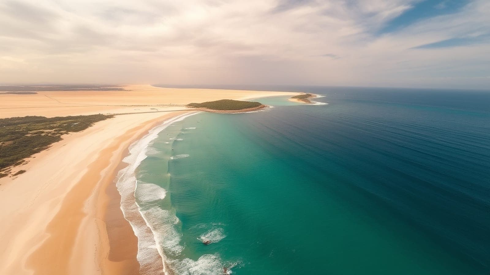 Vista aérea panorâmica de uma praia extensa e deserta em Ilha Comprida, com areia dourada, vegetação costeira preservada, águas calmas e azul-esverdeadas, sob um céu claro com poucas nuvens. Um barco de pesca pequeno pode ser visto ao longe.