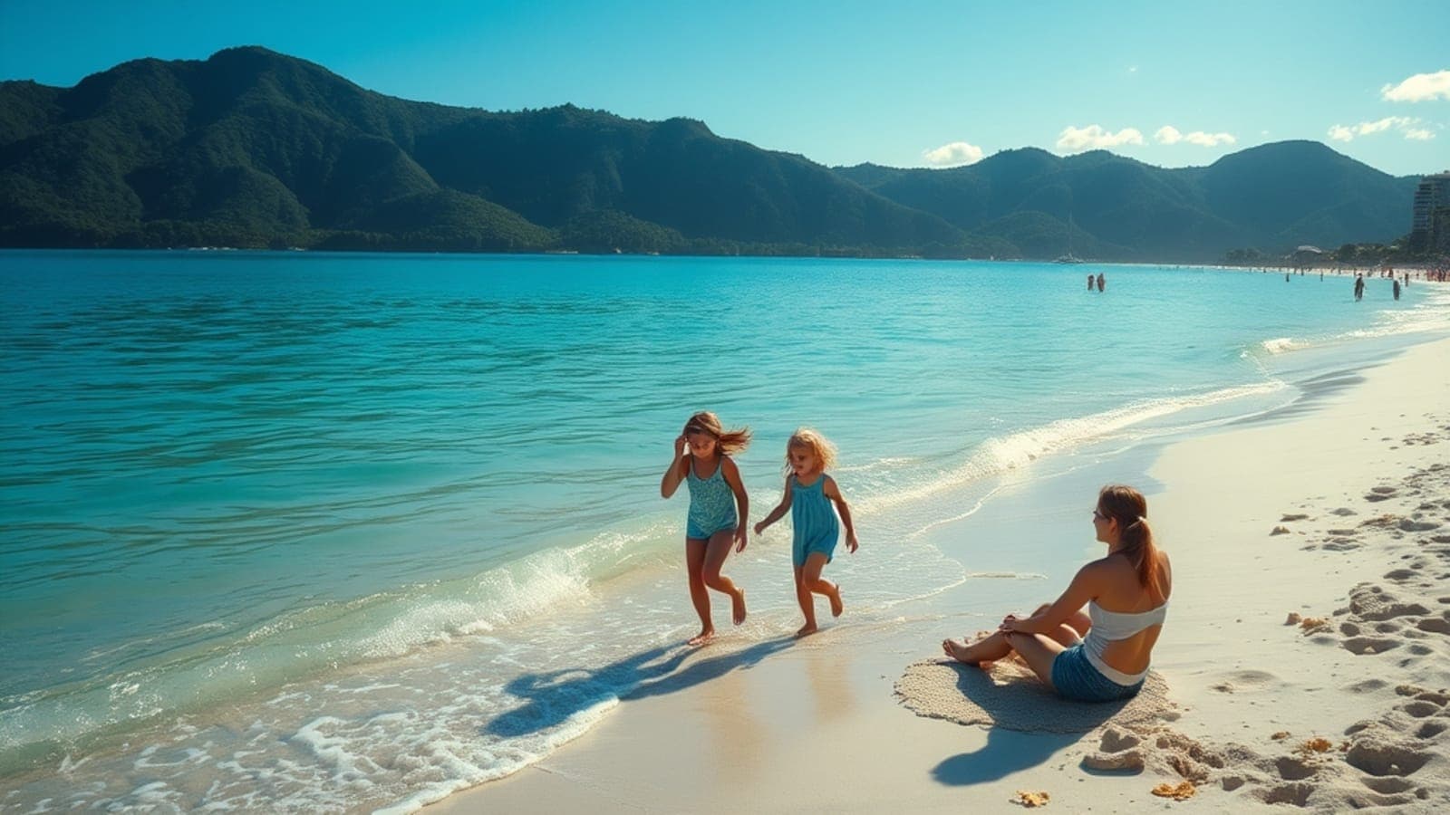 Família feliz brincando na areia de uma praia com mar calmo e cristalino em Ubatuba.