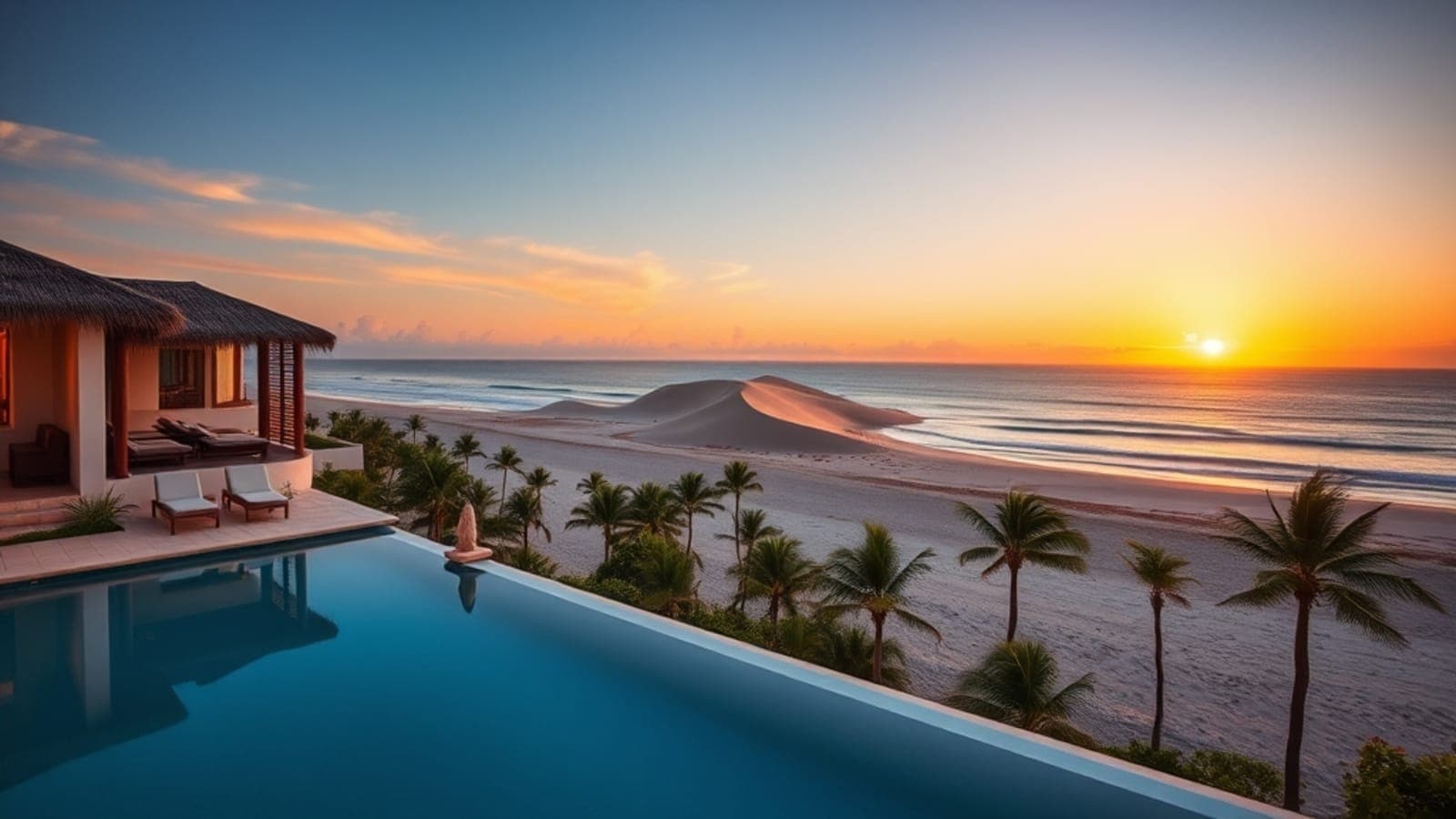 Vista aérea de um hotel de luxo à beira-mar em Jericoacoara com piscina infinita e o mar azul ao fundo.