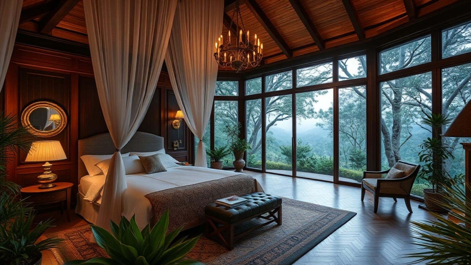 Uma pousada boutique luxuosa em Gramado com arquitetura de estilo europeu, cercada por hortênsias e névoa matinal. Janelas grandes com iluminação quente e acolhedora, decoração em madeira e pedra, atmosfera romântica e sofisticada.