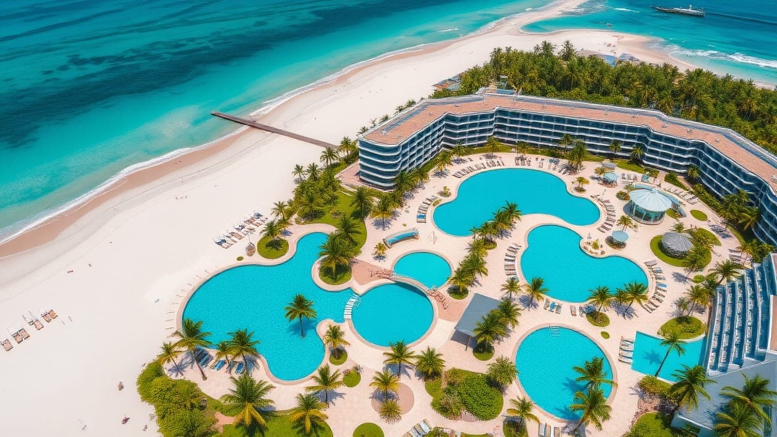 Vista aérea de um resort de luxo em Porto de Galinhas com piscinas azul-turquesa e coqueiros à beira-mar.