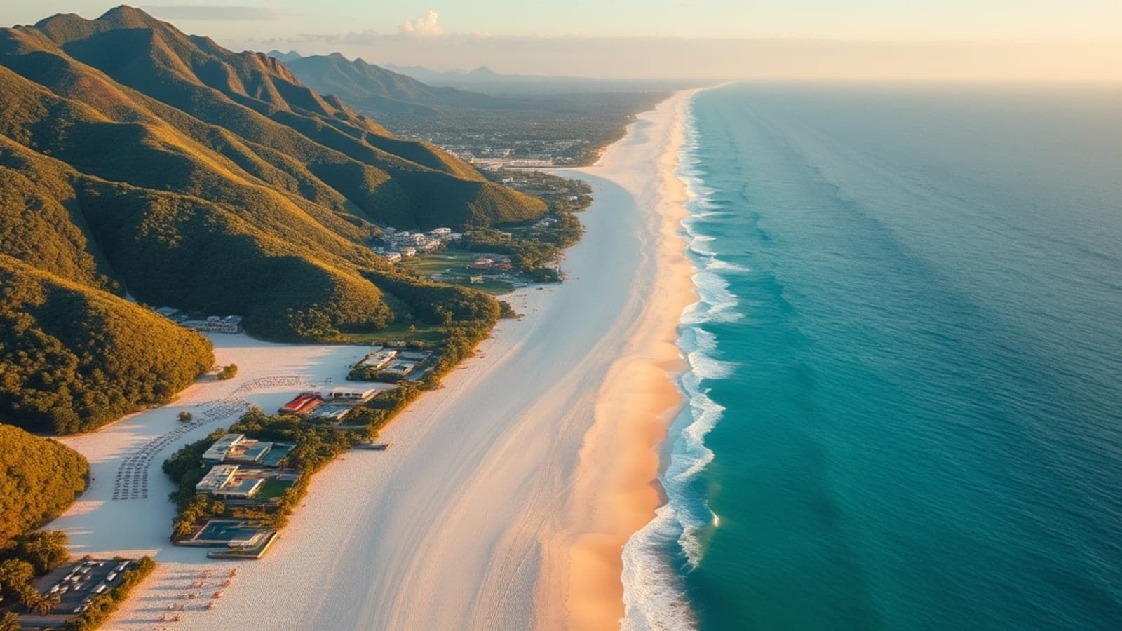 Vista aérea da Praia de Juquehy em São Sebastião com mar cristalino e montanhas ao fundo