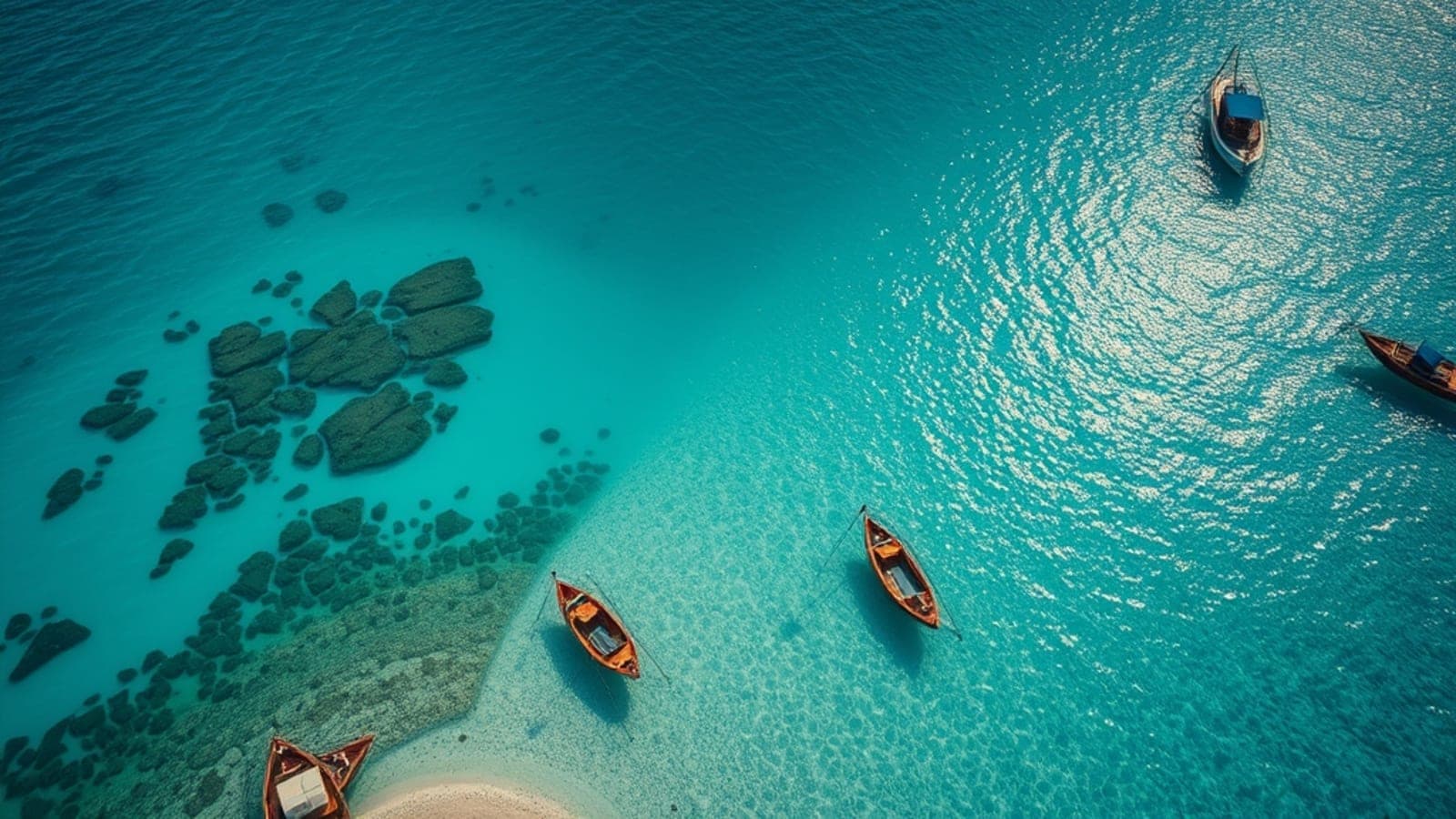 Vista aérea das piscinas naturais de Maragogi com águas turquesas e jangadas coloridas.