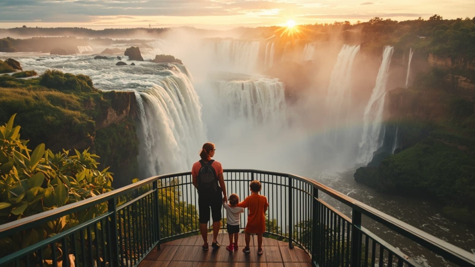 Família feliz com duas crianças observando as Cataratas do Iguaçu em um dia ensolarado com arco-íris.