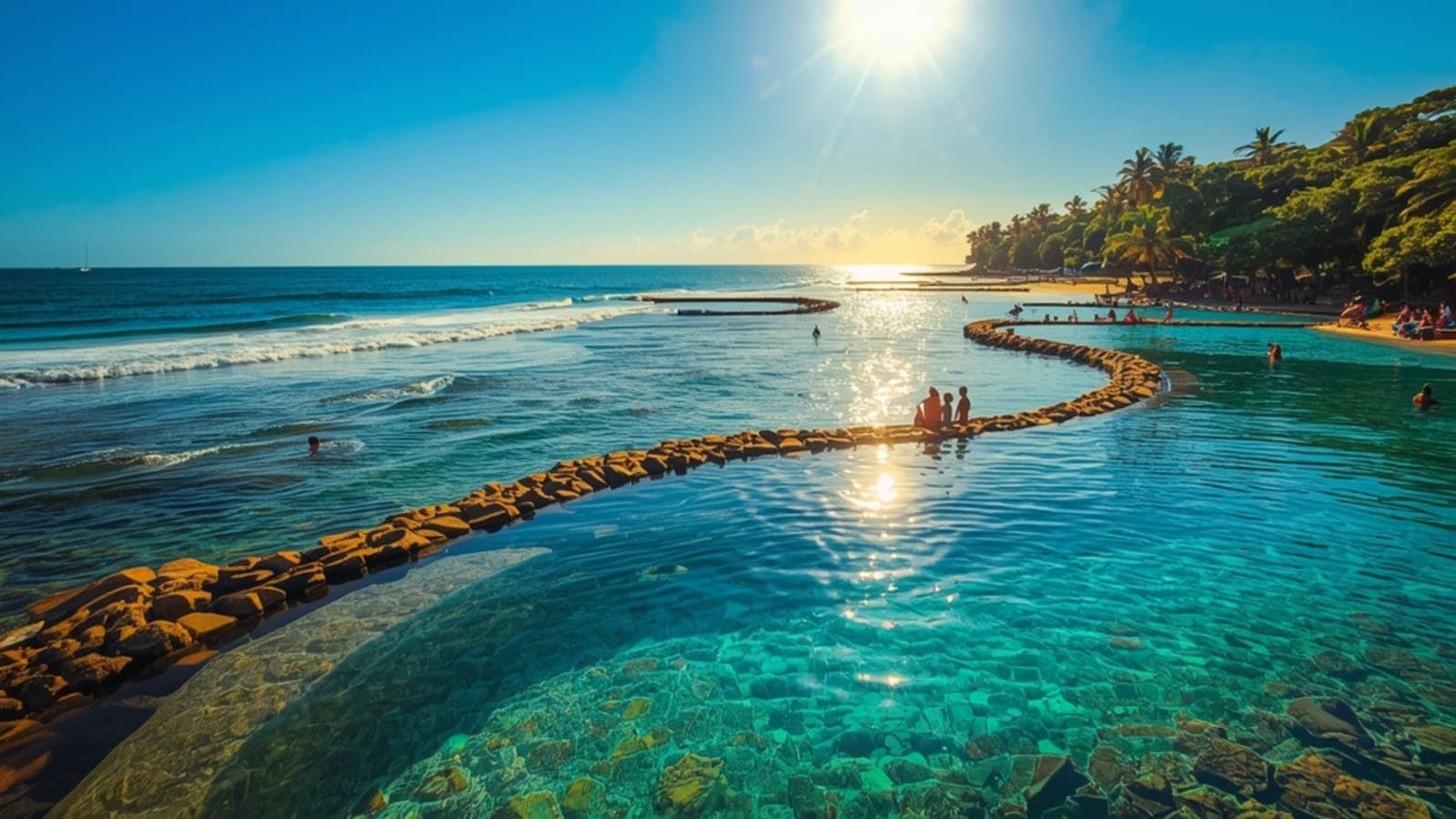 Uma imagem vibrante e ensolarada de Porto de Galinhas, mostrando as famosas piscinas naturais com jangadas coloridas flutuando. Águas cristalinas em tons de azul e verde esmeralda, corais visíveis, e coqueiros exuberantes na areia dourada ao fundo. O sol reflete na água, criando um brilho convidativo. Crianças e casais felizes aproveitando o cenário paradisíaco. Estilo fotográfico, alta resolução.