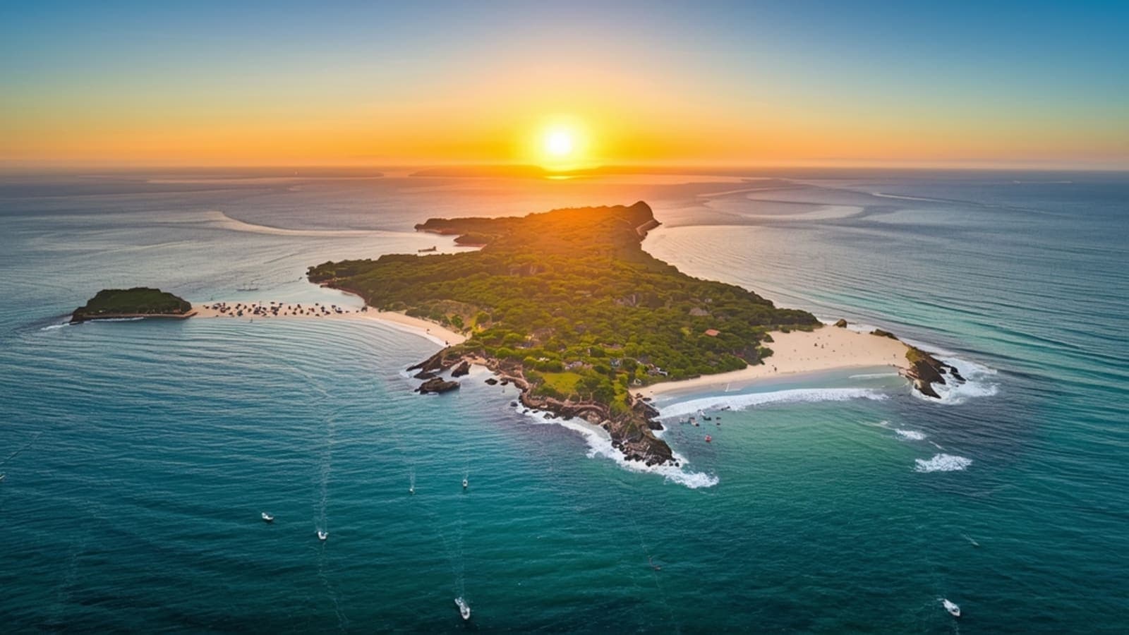 Vista aérea de Arraial do Cabo com praias de areia branca, mar azul-turquesa cristalino, barcos coloridos e montanhas verdes ao fundo, sob um céu claro.