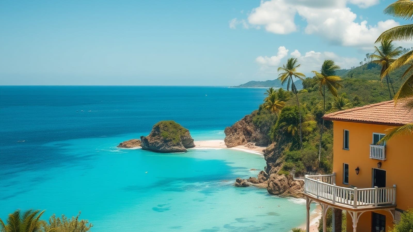 Uma vista panorâmica da Baía do Sancho em Fernando de Noronha, com águas cristalinas e falésias imponentes, sob um céu azul, destacando uma das Praias Mais Fotografadas do Brasil.